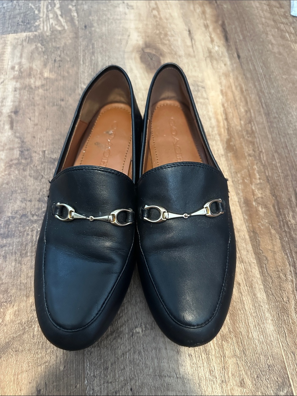 Coach Black Leather Loafers with Gold Bit Hardware
